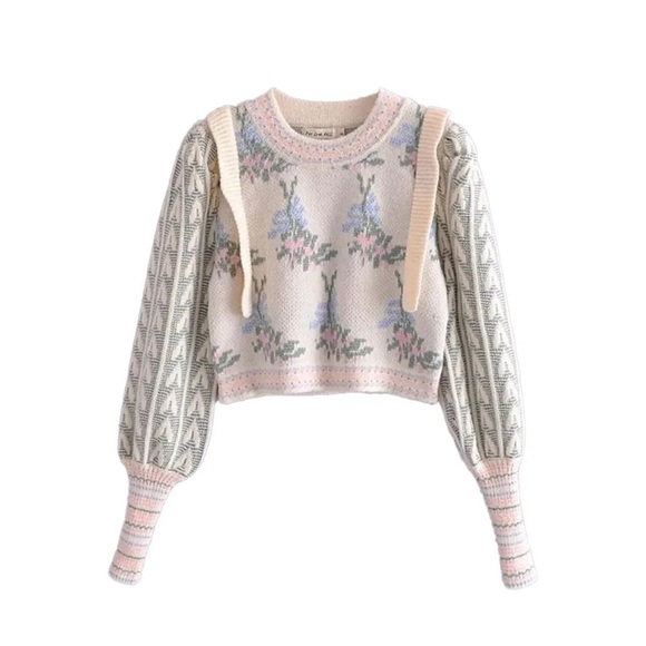 Cider Sweaters - Cider Floral Ruffle Sweater - Cream and Pink